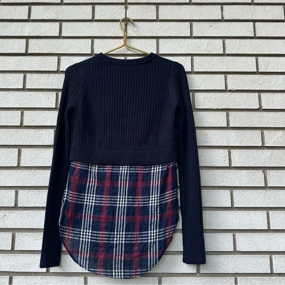 Veronica Beard Garrett Mixed Media Sweater Plaid Tunic Navy Merino Wool XS - Picture 8 of 11